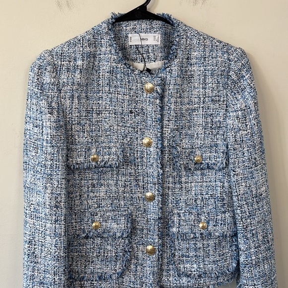 Mango Tweed Blue White Cropped Jacket Size XS NWOT - Picture 4 of 10